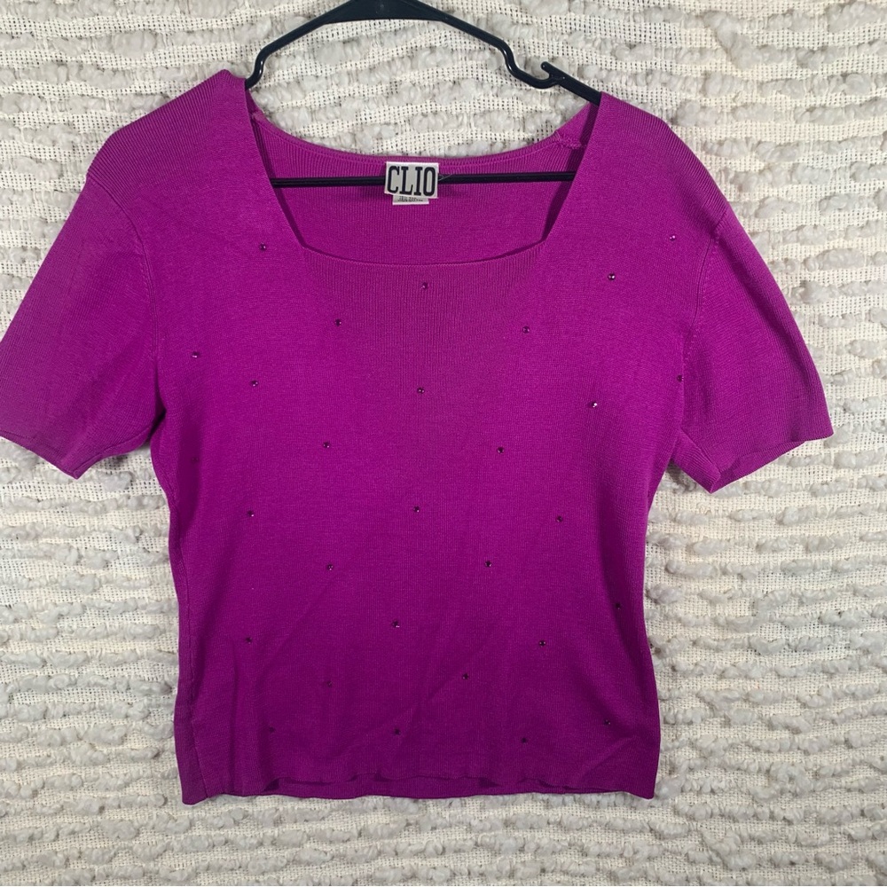 Clio Purple short Sleeve Scoop Neck‎ top vintage jewel ribbed stretchy